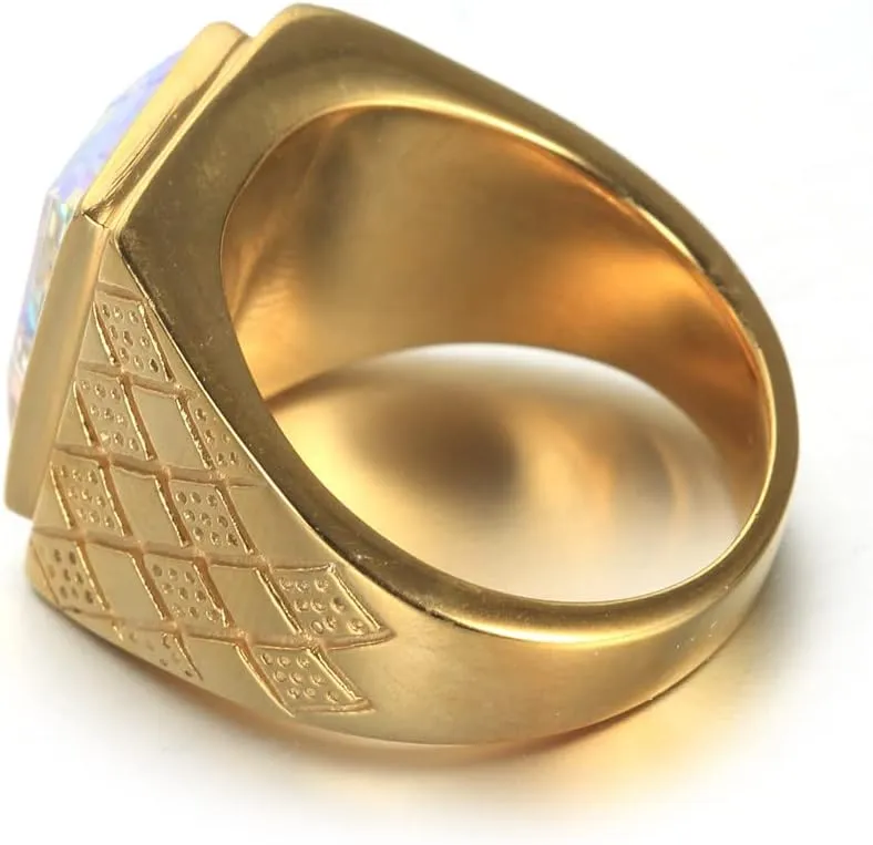 Men's 18K Gold/Silver Plated Bold Stainless Steel Rings with Multicolor Stone