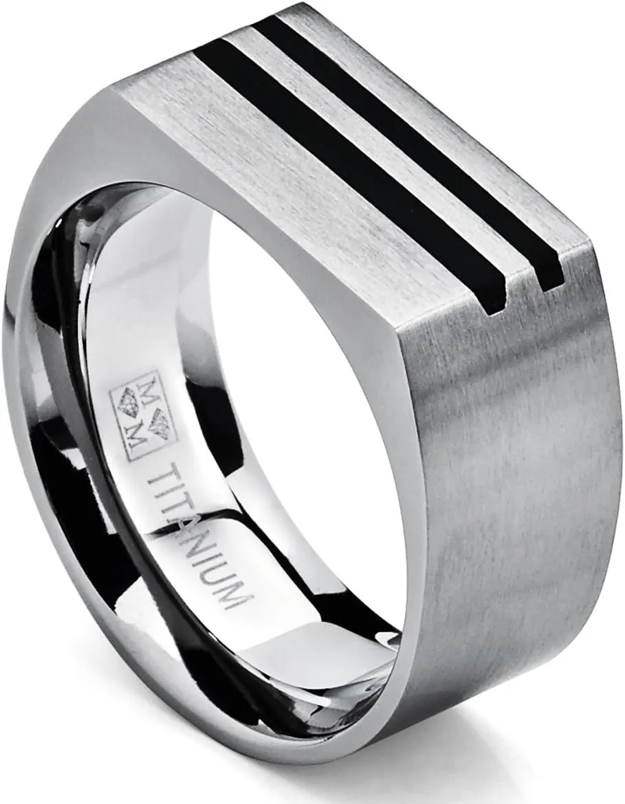 Men's Bold Titanium Pinky Ring Bands with Resin Inlay, Brushed Finish Comfort Fit 10mm Wide