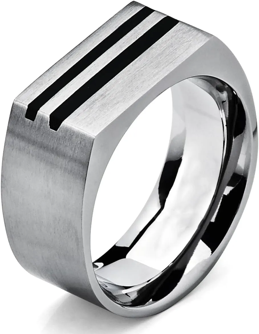 Men's Bold Titanium Pinky Ring Bands with Resin Inlay, Brushed Finish Comfort Fit 10mm Wide