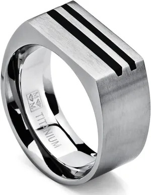 Men's Bold Titanium Pinky Ring Bands with Resin Inlay, Brushed Finish Comfort Fit 10mm Wide