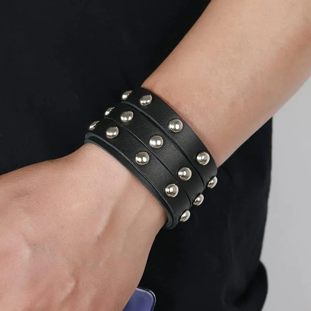 Men's Genuine Leather Cuff Punk Metal Rock Bracelets for Men Women, Metal Emo Beads Bracelets Wristbands Adjustable Wrap