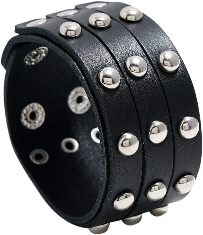 Men's Genuine Leather Cuff Punk Metal Rock Bracelets for Men Women, Metal Emo Beads Bracelets Wristbands Adjustable Wrap