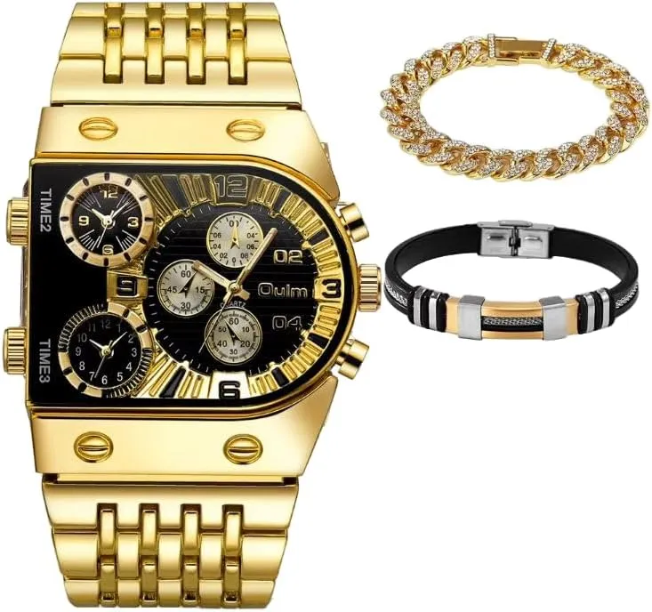 Men's Luxury Big Gold Watch Set with Leather Bracelets, Large Face Chronograph Watch, Cuban Link and Leather Bracelet Gift Box, reloj de oro Hombre
