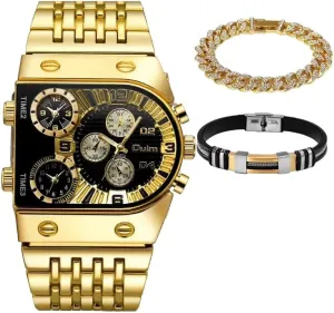 Men's Luxury Big Gold Watch Set with Leather Bracelets, Large Face Chronograph Watch, Cuban Link and Leather Bracelet Gift Box, reloj de oro Hombre