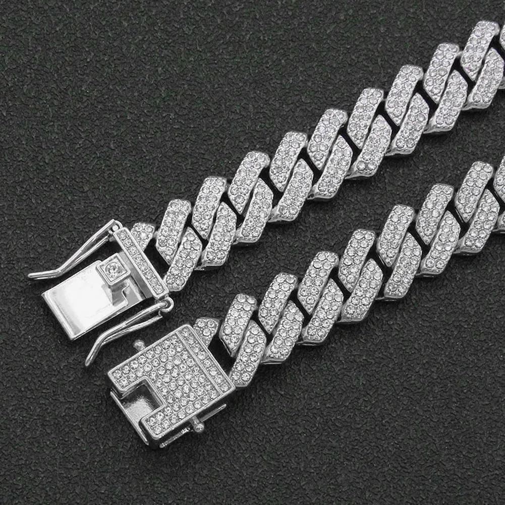 Mens Silver Cuban Link Chain for Women Chain Necklace Iced Out Chain Bling Necklace miami Cuban Link Bracelet Hip Hop Jewelry for Men and Women