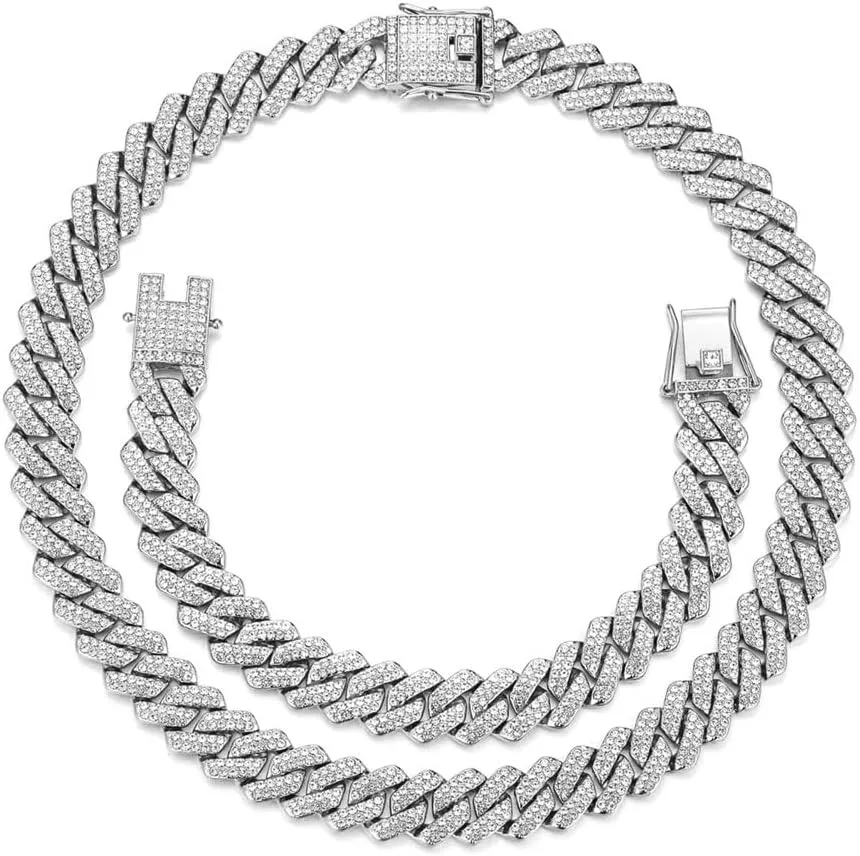Mens Silver Cuban Link Chain for Women Chain Necklace Iced Out Chain Bling Necklace miami Cuban Link Bracelet Hip Hop Jewelry for Men and Women