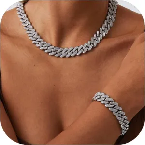 Mens Silver Cuban Link Chain for Women Chain Necklace Iced Out Chain Bling Necklace miami Cuban Link Bracelet Hip Hop Jewelry for Men and Women