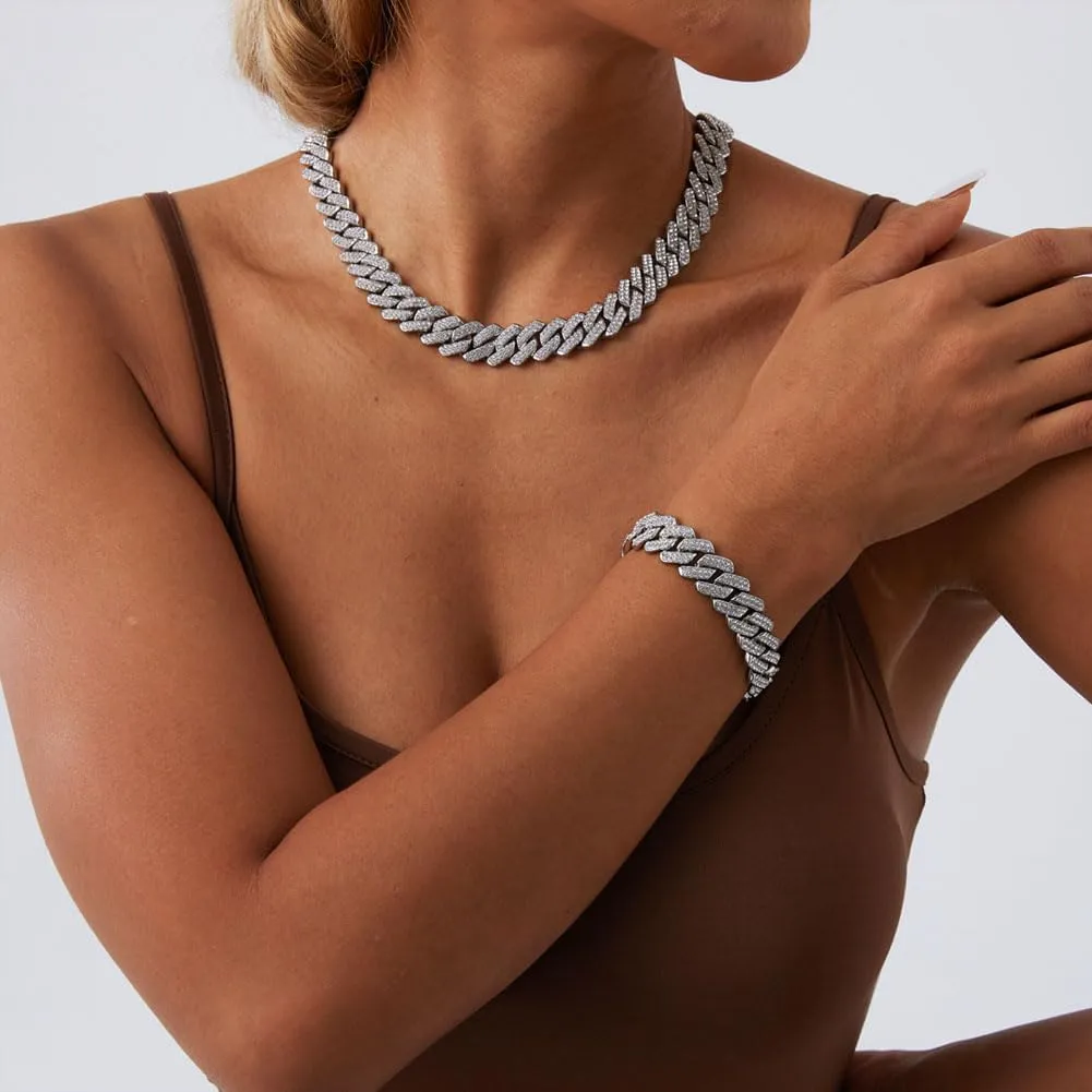 Mens Silver Cuban Link Chain for Women Chain Necklace Iced Out Chain Bling Necklace miami Cuban Link Bracelet Hip Hop Jewelry for Men and Women