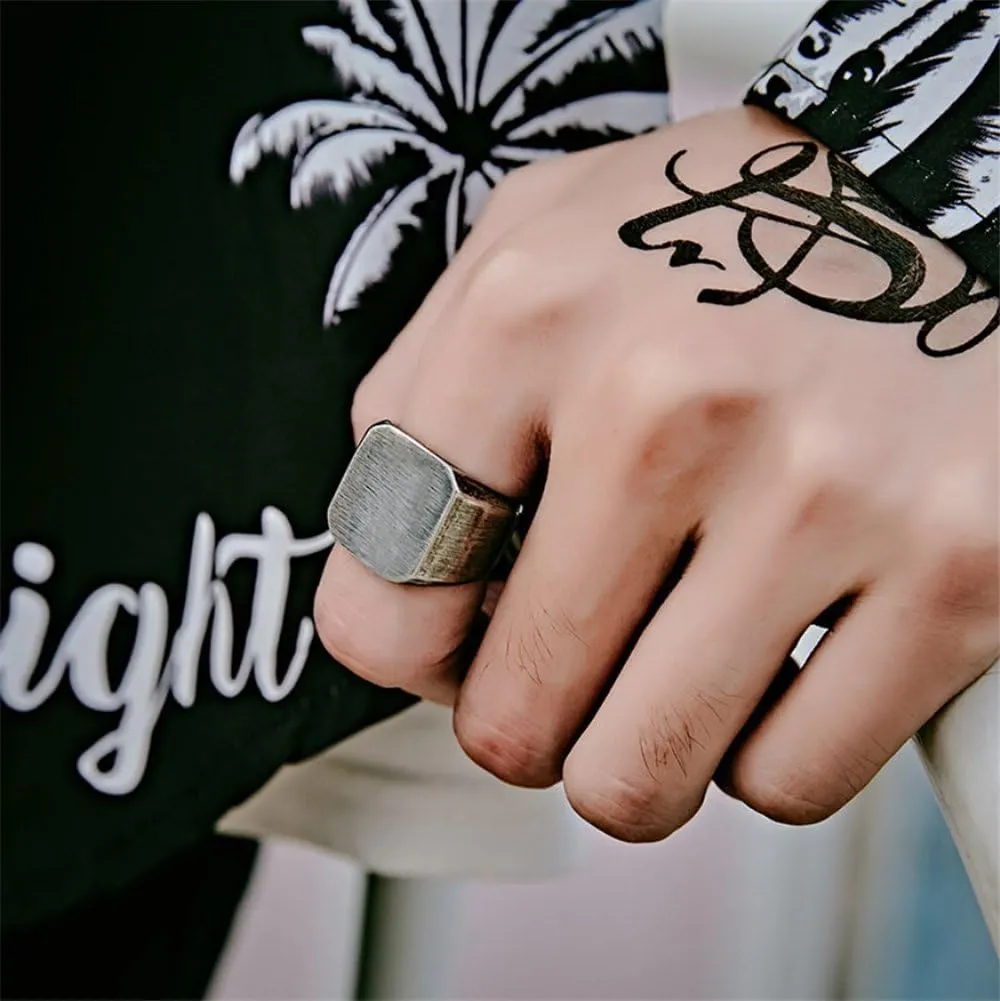 Men's Stainless Steel Square Signet Biker Rings Matte Brushed Simple Antique Silver Solid Ring Band