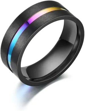 Men's Women's Stainless Steel Grooved Inlay Matte Brushed Finish Silver/Black Band 8mm Width Engagement Promise Wedding Cool Simple Ring