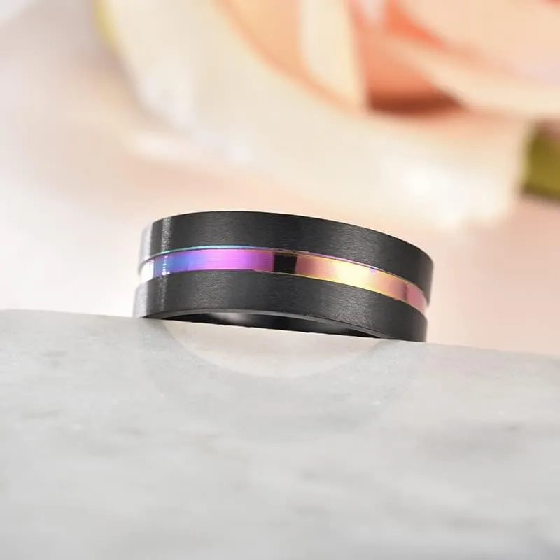Men's Women's Stainless Steel Grooved Inlay Matte Brushed Finish Silver/Black Band 8mm Width Engagement Promise Wedding Cool Simple Ring