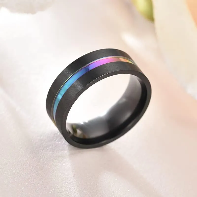 Men's Women's Stainless Steel Grooved Inlay Matte Brushed Finish Silver/Black Band 8mm Width Engagement Promise Wedding Cool Simple Ring