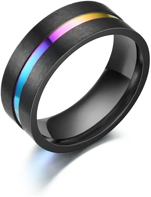 Men's Women's Stainless Steel Grooved Inlay Matte Brushed Finish Silver/Black Band 8mm Width Engagement Promise Wedding Cool Simple Ring