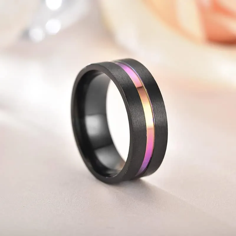 Men's Women's Stainless Steel Grooved Inlay Matte Brushed Finish Silver/Black Band 8mm Width Engagement Promise Wedding Cool Simple Ring