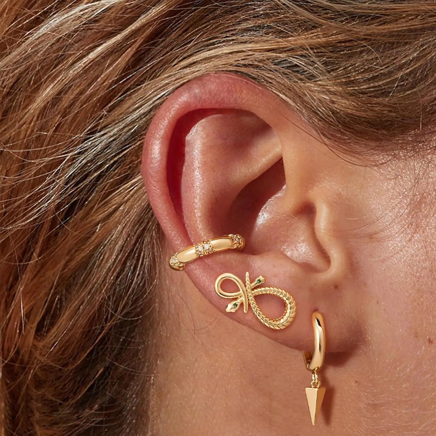 Mevecco Gold Dainty Dangle Hoop Earrings for Women 14K Gold Plated Delicate cute Geometric Triangle Cone Dangle Earrings