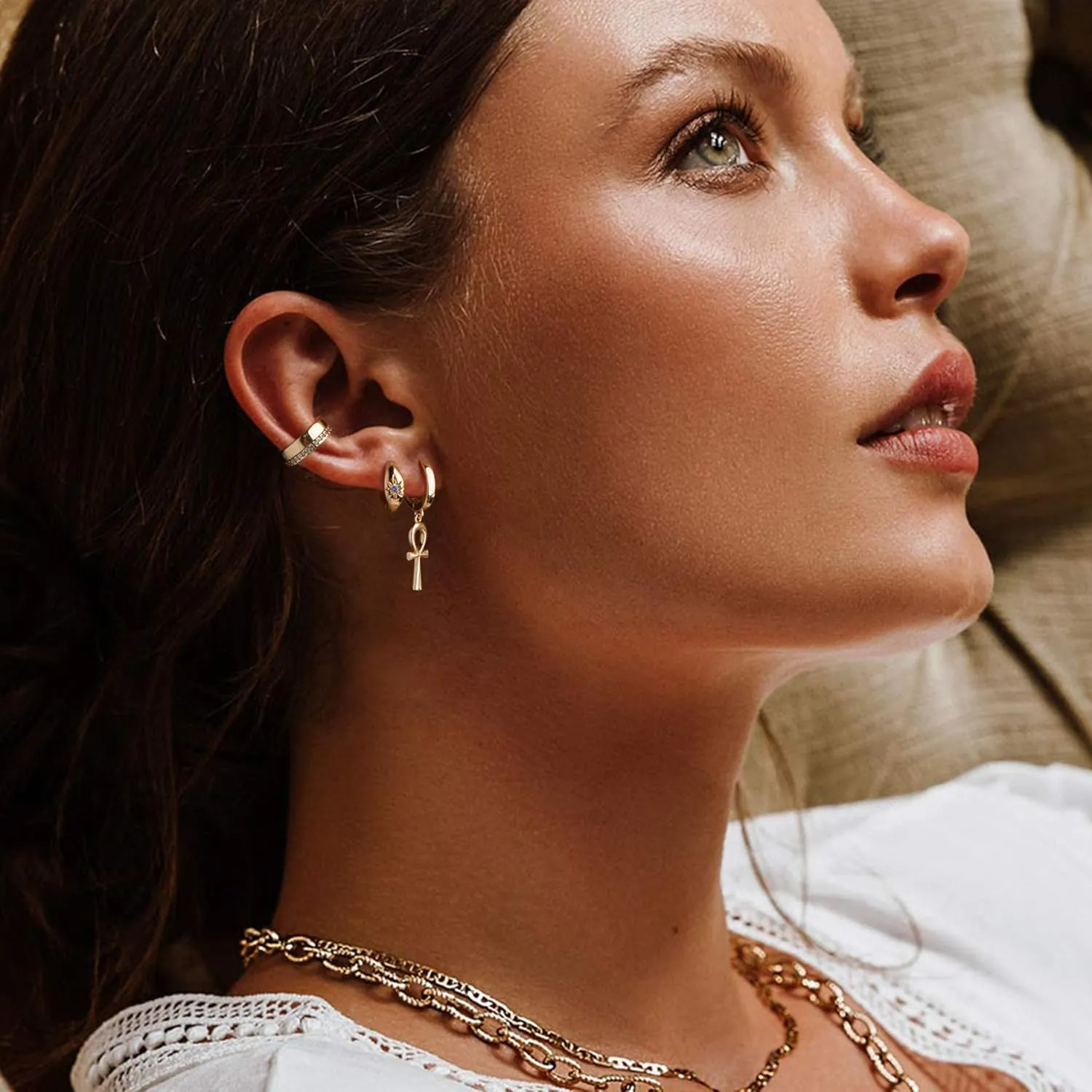 Mevecco Gold Dainty Dangle Hoop Earrings for Women 14K Gold Plated Delicate cute Geometric Triangle Cone Dangle Earrings