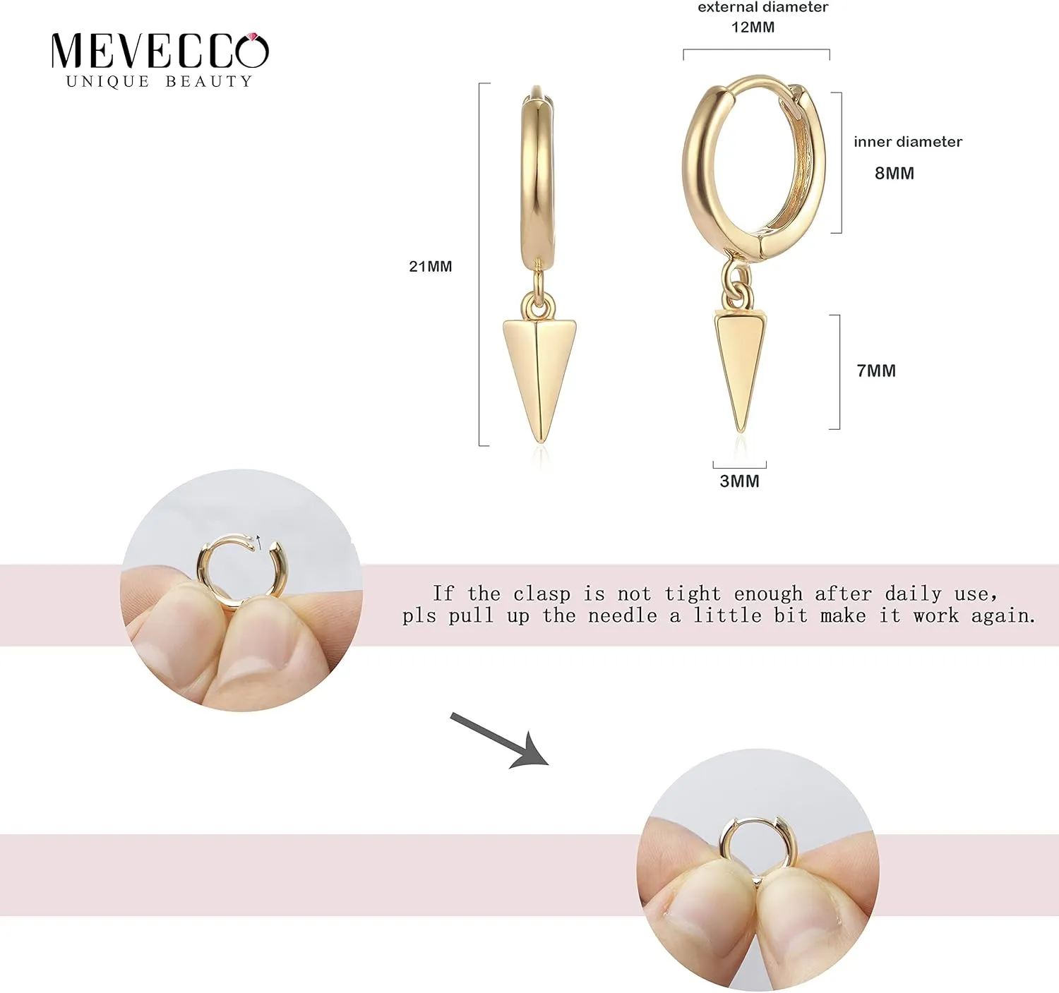 Mevecco Gold Dainty Dangle Hoop Earrings for Women 14K Gold Plated Delicate cute Geometric Triangle Cone Dangle Earrings