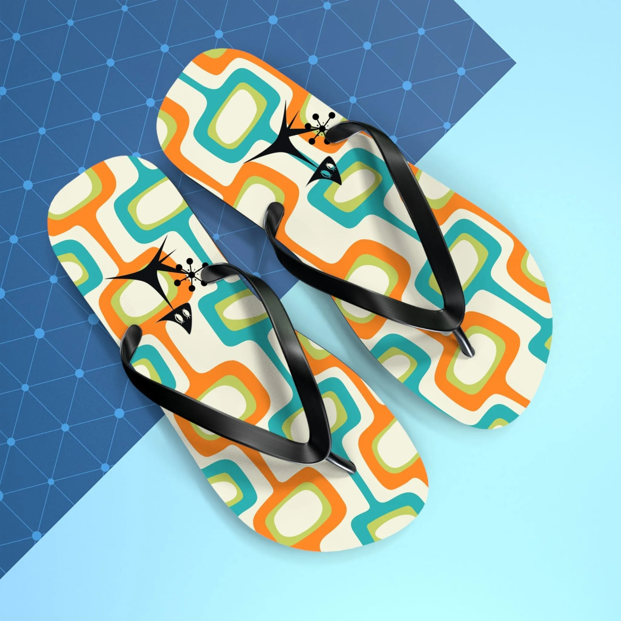 Mid Mod, Summer Retro Geometric, Atomic Kittie,  Fun Funky Flip Flops