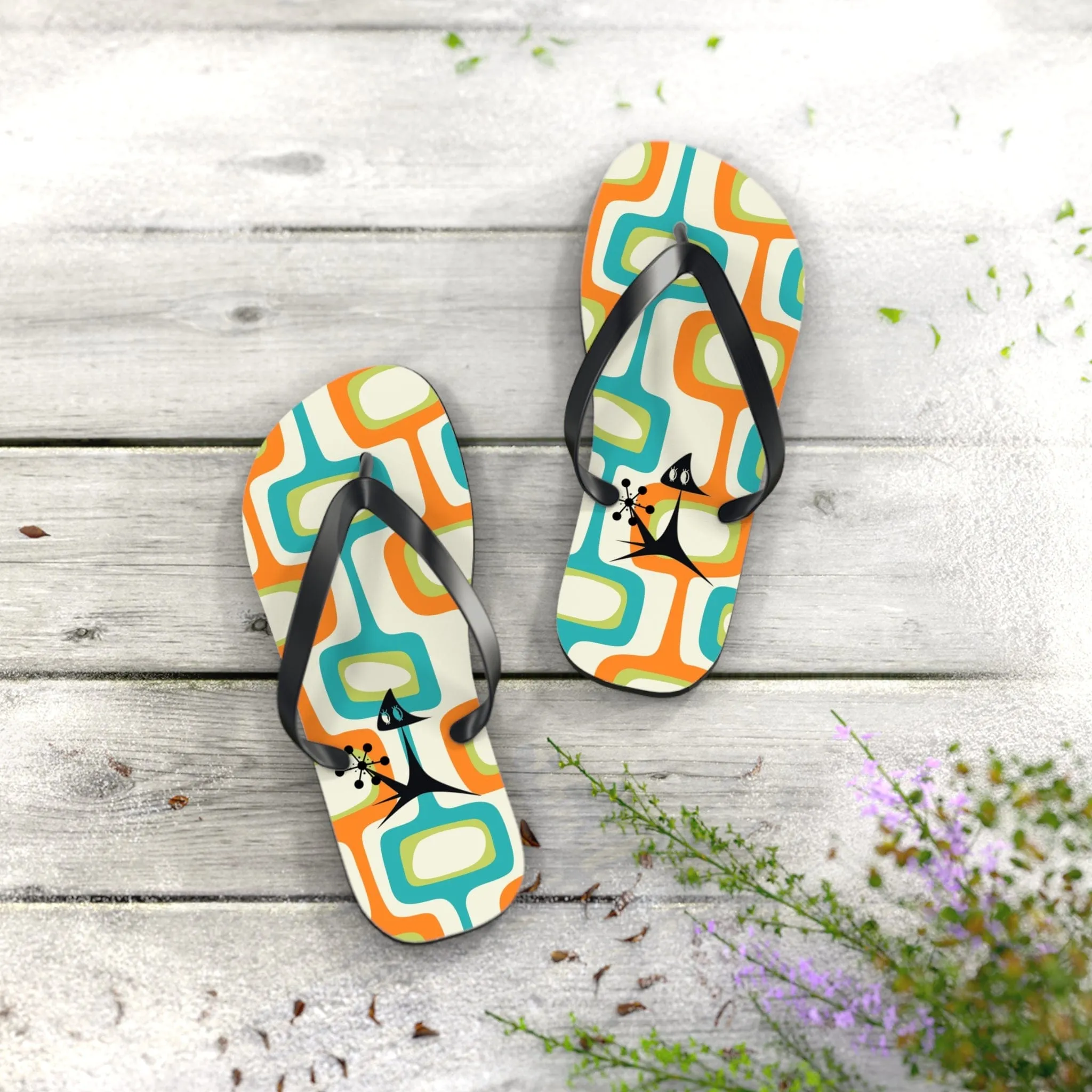 Mid Mod, Summer Retro Geometric, Atomic Kittie,  Fun Funky Flip Flops