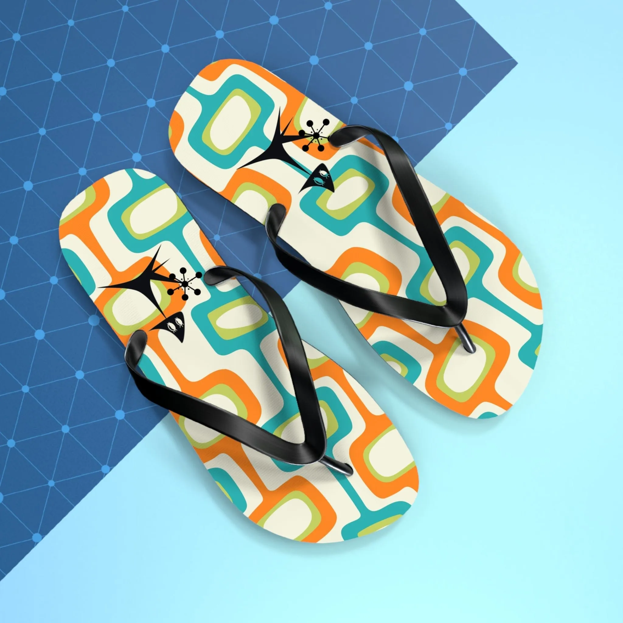 Mid Mod, Summer Retro Geometric, Atomic Kittie,  Fun Funky Flip Flops