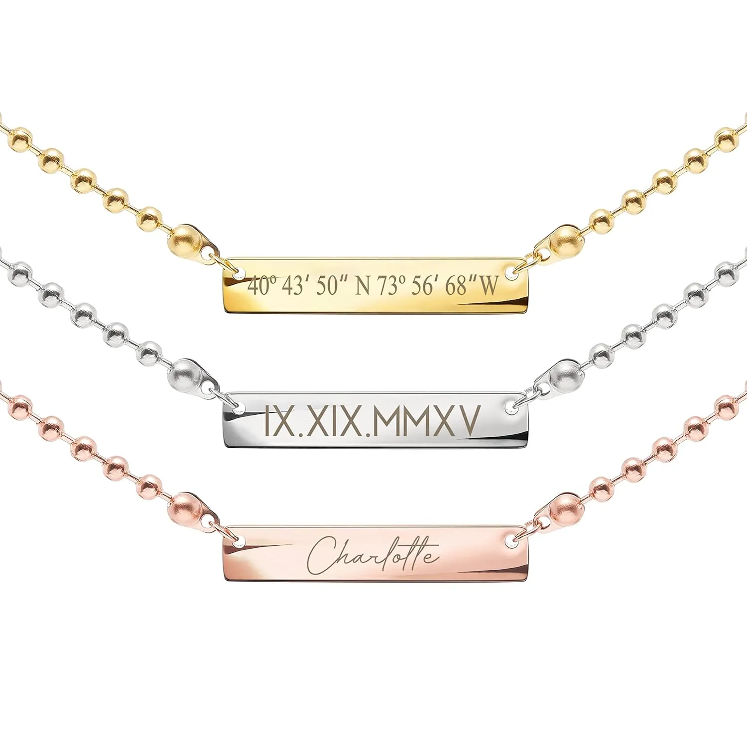 MignonandMignon Custom Beaded Necklaces Women Mothers Day Ball Chain Coordinate Name Unique Graduation Gift Engraved Personalized Bead Mom Friendship Birthday Jewelry B-4N