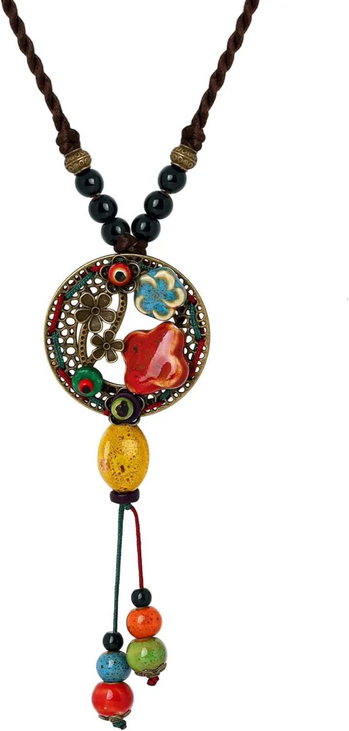 MINACHI Boho Vintage Ceramic Floral Beaded Long Necklace, Personality Jewelry for Women