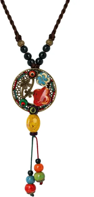 MINACHI Boho Vintage Ceramic Floral Beaded Long Necklace, Personality Jewelry for Women
