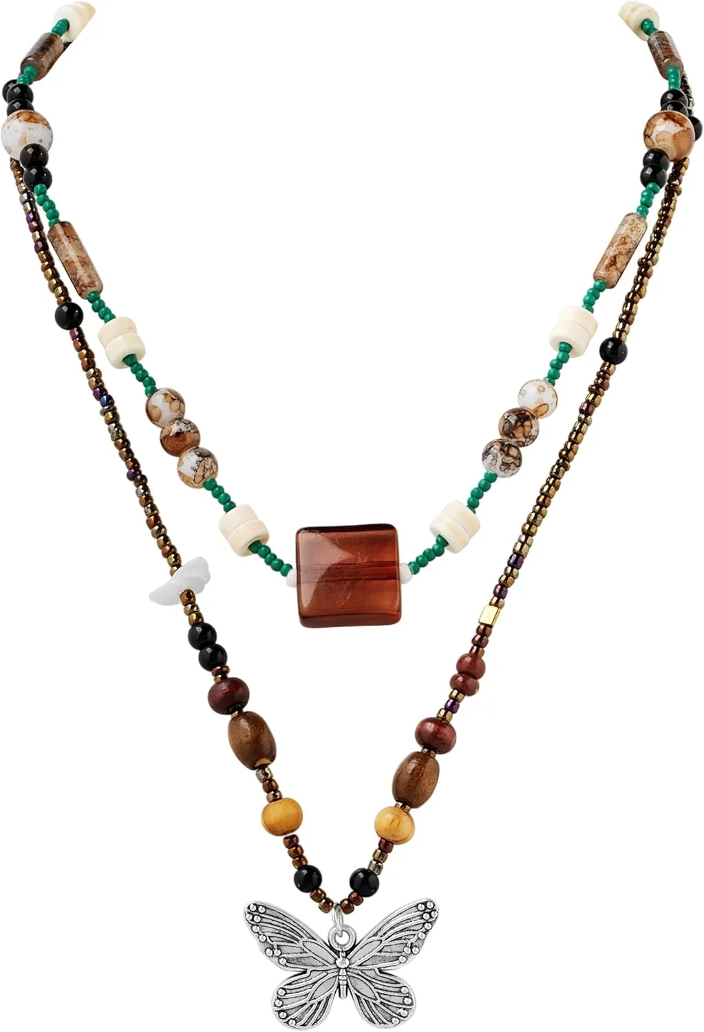 MINACHI Multi Layers Choker Necklace, Wooden and Stone Beads, Butterfly Pendant, Bohemian Vintage Costume Jewelry for Women