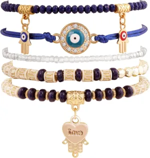 MINACHI Multilayer Bracelet Set, Evil Eye, Hand, Heart Love Charms, Navy, Black, Gold-Colored, Bohemian Style Jewelry for Women