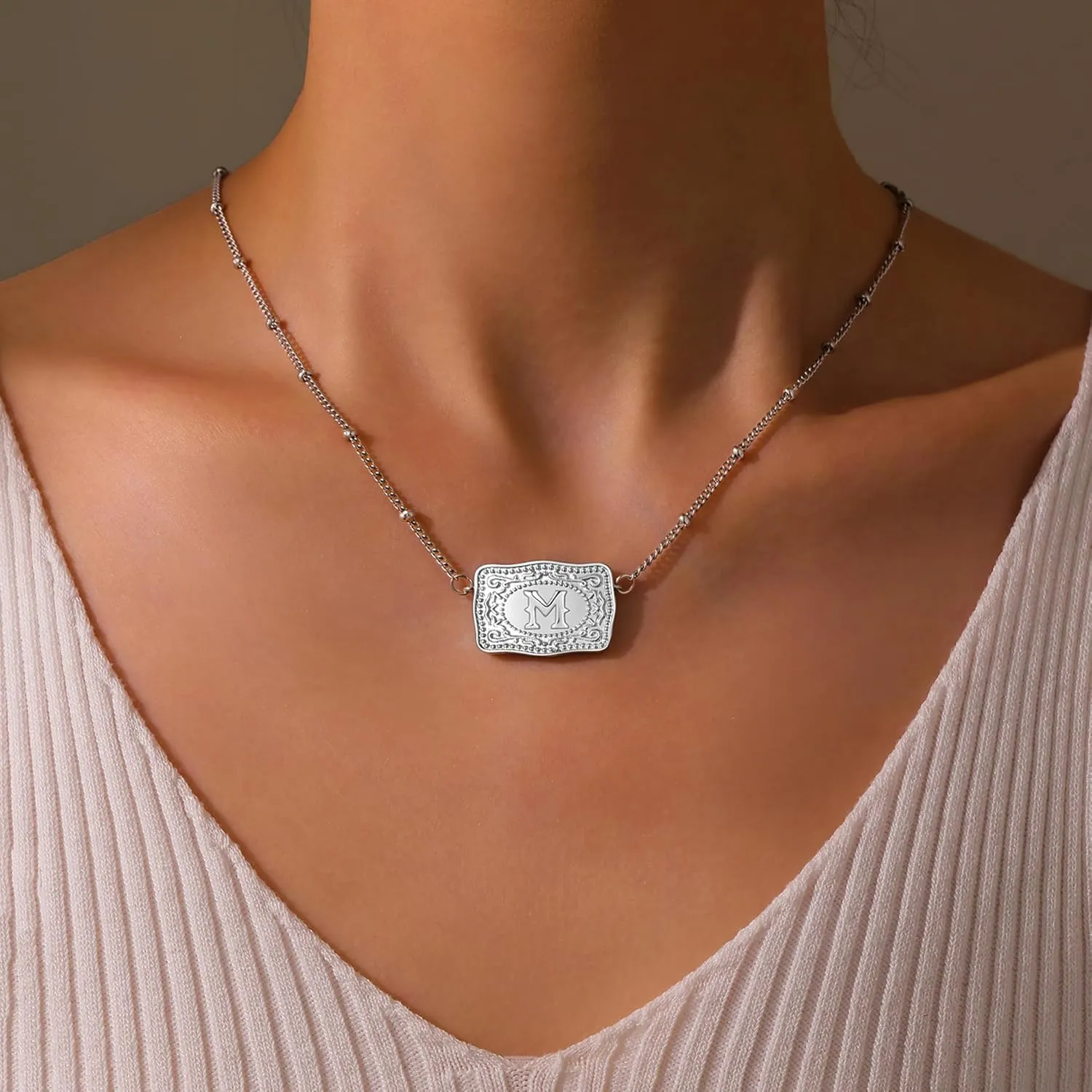Mini Belt Buckle Initial Necklace for Women, 18K Gold/Silver Plated Initial Letter Pendant, Belt Buckle Necklace with Initial, Unique Western Jewelry Gifts for Women