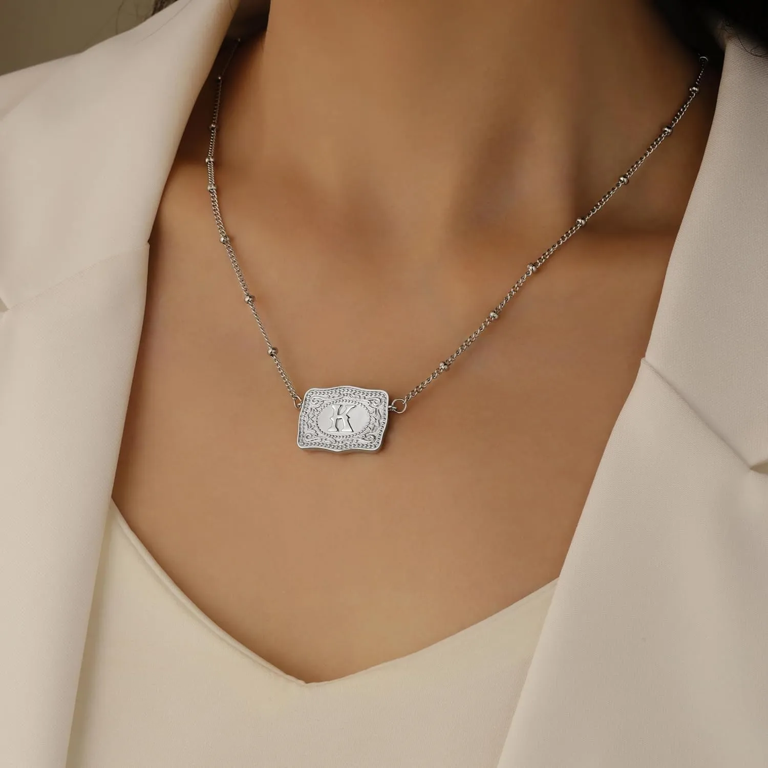 Mini Belt Buckle Initial Necklace for Women, 18K Gold/Silver Plated Initial Letter Pendant, Belt Buckle Necklace with Initial, Unique Western Jewelry Gifts for Women