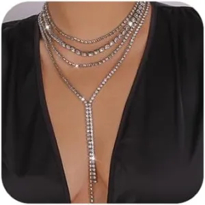 Missgrace 4 Tier Sexy Shiny Layered Y Long Choker Necklaces Rhinestone Necklace Chain Sparkly Crystal Necklace for Women