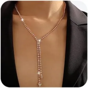 Missgrace Sexy Shiny Choker Necklaces Silver Rhinestone Necklace Chain Long Sparkly Crystal Necklace for Women