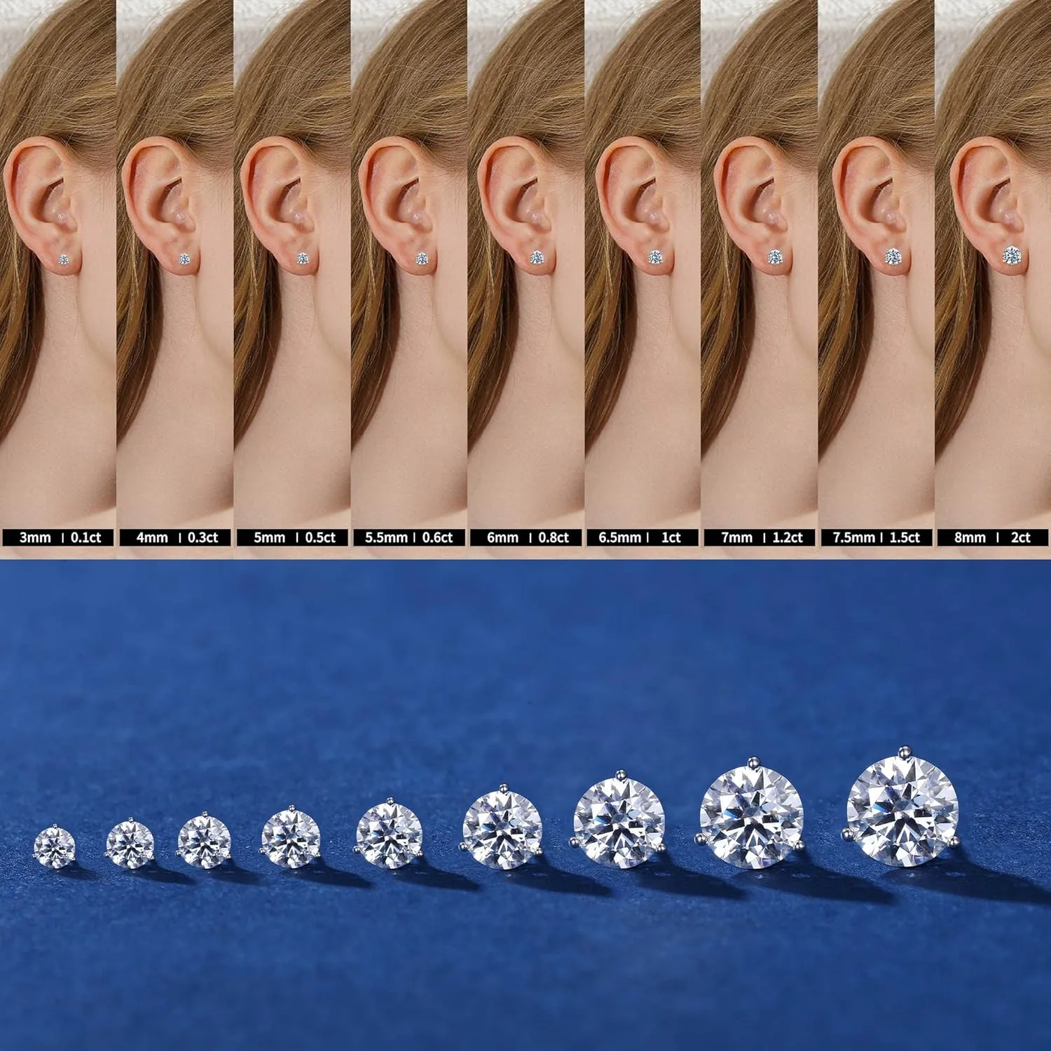 MOOSEA Martini Moissanite Earrings for Women Men, 0.2-4 ct Round D Color VVS1 Clarity Lab Created Earring 925 Sterling Silver Classic 3 Prong Moissanite Earrings Screw Back for Women Men