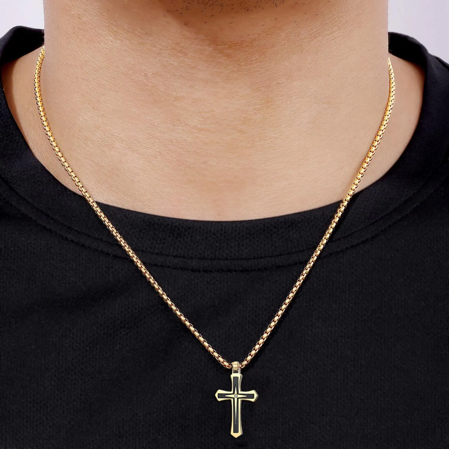 MOOSKI Cross Necklace for Men,Silver/Gold/Black Mens Cross Necklaces with 3mm Cross Chain and Stainless Steel Cross Pendant Jewelry Gifts,Rolo Chain 22-24 Inch