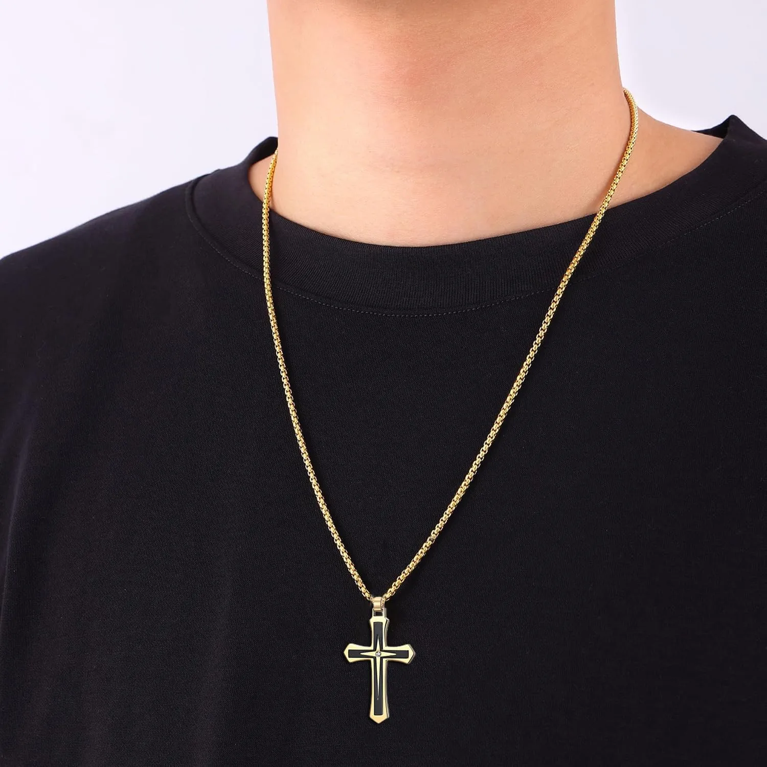 MOOSKI Cross Necklace for Men,Silver/Gold/Black Mens Cross Necklaces with 3mm Cross Chain and Stainless Steel Cross Pendant Jewelry Gifts,Rolo Chain 22-24 Inch