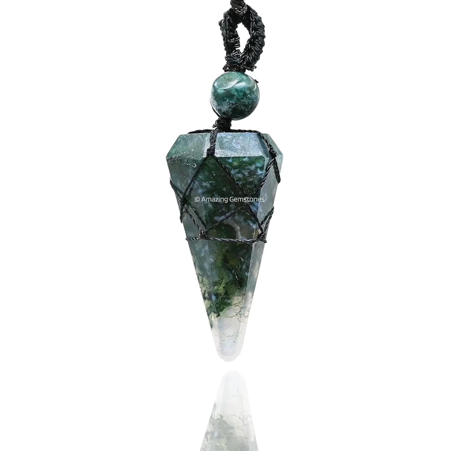 Moss Agate Crystal Jewelry for Men : Elegant and Stylish Men Jewelry, Unique Women Men Necklace with Moss Agate Crystal Stone Holder Necklace Pendulum (Black Macrame)