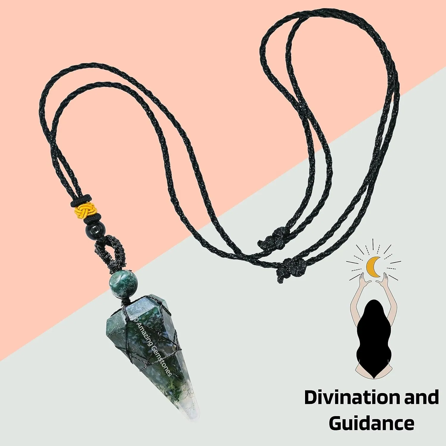 Moss Agate Crystal Jewelry for Men : Elegant and Stylish Men Jewelry, Unique Women Men Necklace with Moss Agate Crystal Stone Holder Necklace Pendulum (Black Macrame)