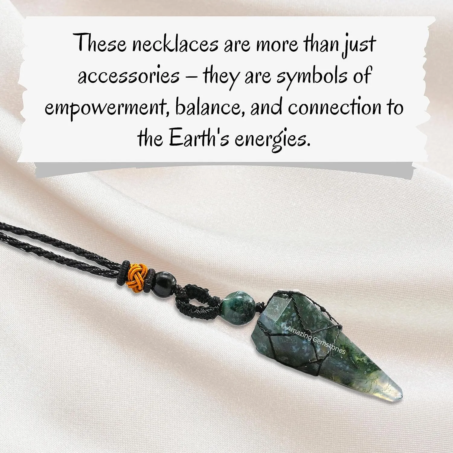 Moss Agate Crystal Jewelry for Men : Elegant and Stylish Men Jewelry, Unique Women Men Necklace with Moss Agate Crystal Stone Holder Necklace Pendulum (Black Macrame)