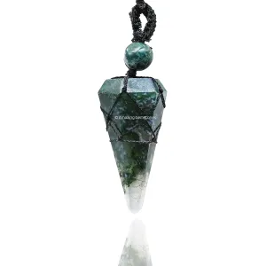 Moss Agate Crystal Jewelry for Men : Elegant and Stylish Men Jewelry, Unique Women Men Necklace with Moss Agate Crystal Stone Holder Necklace Pendulum (Black Macrame)