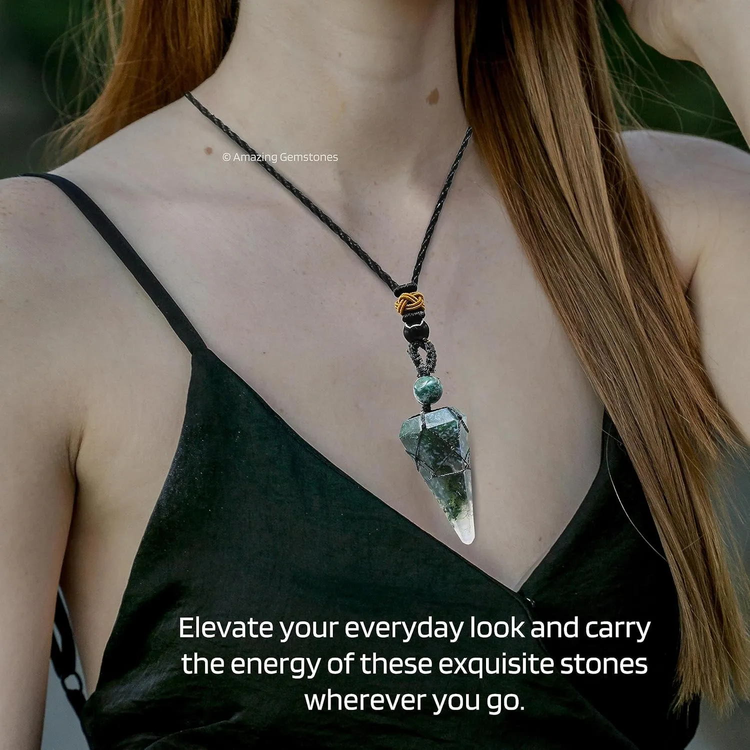 Moss Agate Crystal Jewelry for Men : Elegant and Stylish Men Jewelry, Unique Women Men Necklace with Moss Agate Crystal Stone Holder Necklace Pendulum (Black Macrame)