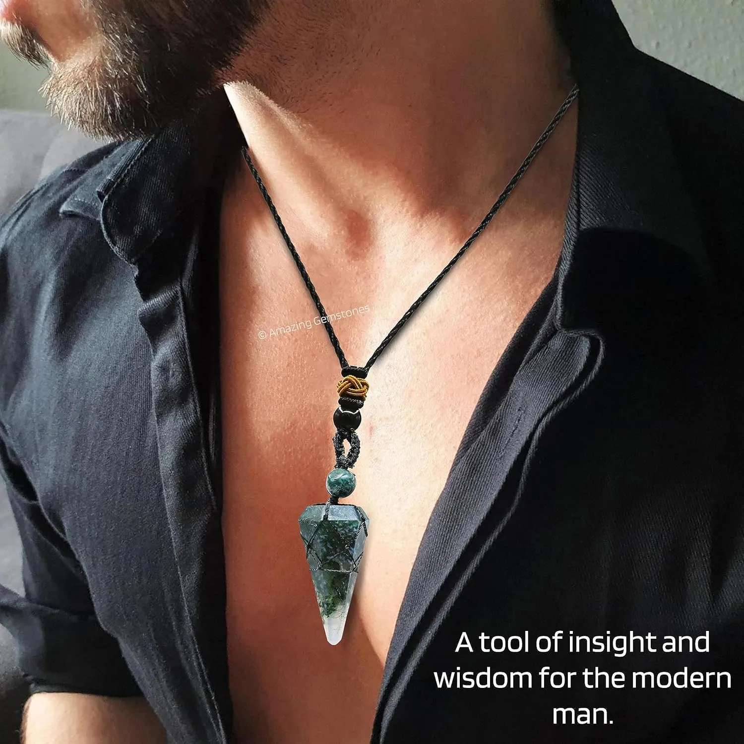 Moss Agate Crystal Jewelry for Men : Elegant and Stylish Men Jewelry, Unique Women Men Necklace with Moss Agate Crystal Stone Holder Necklace Pendulum (Black Macrame)