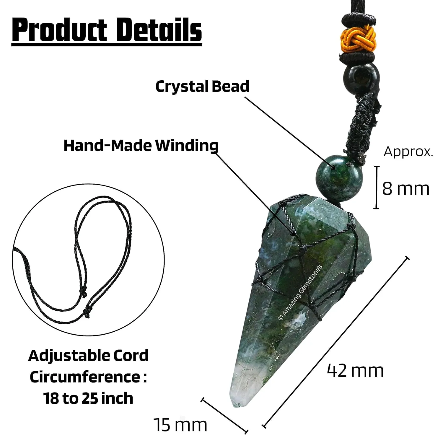 Moss Agate Crystal Jewelry for Men : Elegant and Stylish Men Jewelry, Unique Women Men Necklace with Moss Agate Crystal Stone Holder Necklace Pendulum (Black Macrame)