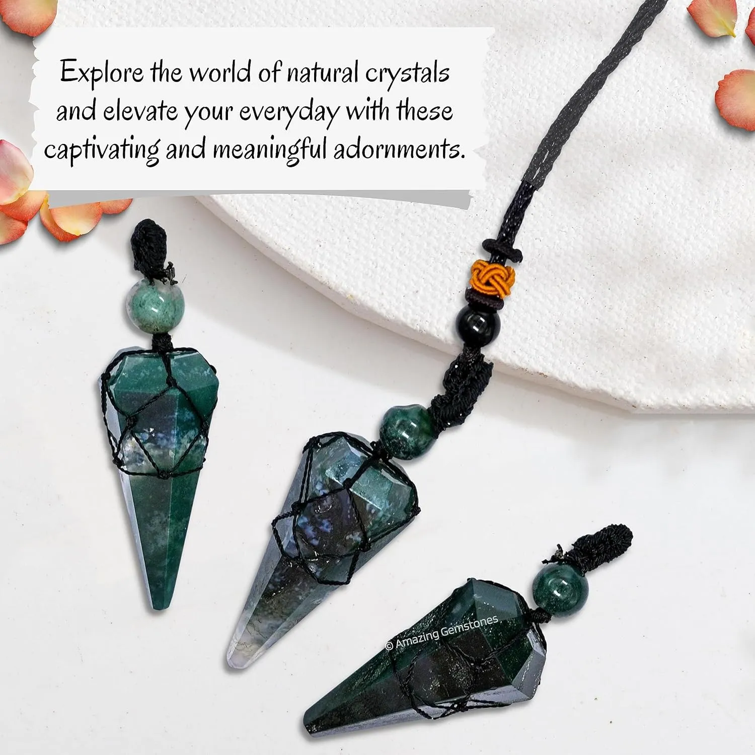 Moss Agate Crystal Jewelry for Men : Elegant and Stylish Men Jewelry, Unique Women Men Necklace with Moss Agate Crystal Stone Holder Necklace Pendulum (Black Macrame)