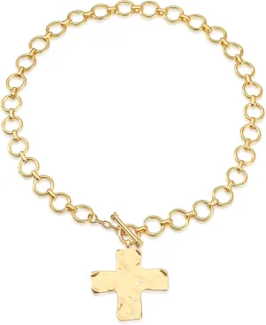 MQV Chunky Statement Gold Hammered Bold Cross Necklace Thick Chain Vintage Chain Pendant Jewelry