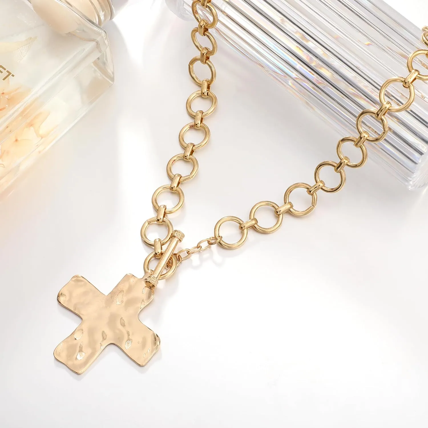 MQV Chunky Statement Gold Hammered Bold Cross Necklace Thick Chain Vintage Chain Pendant Jewelry