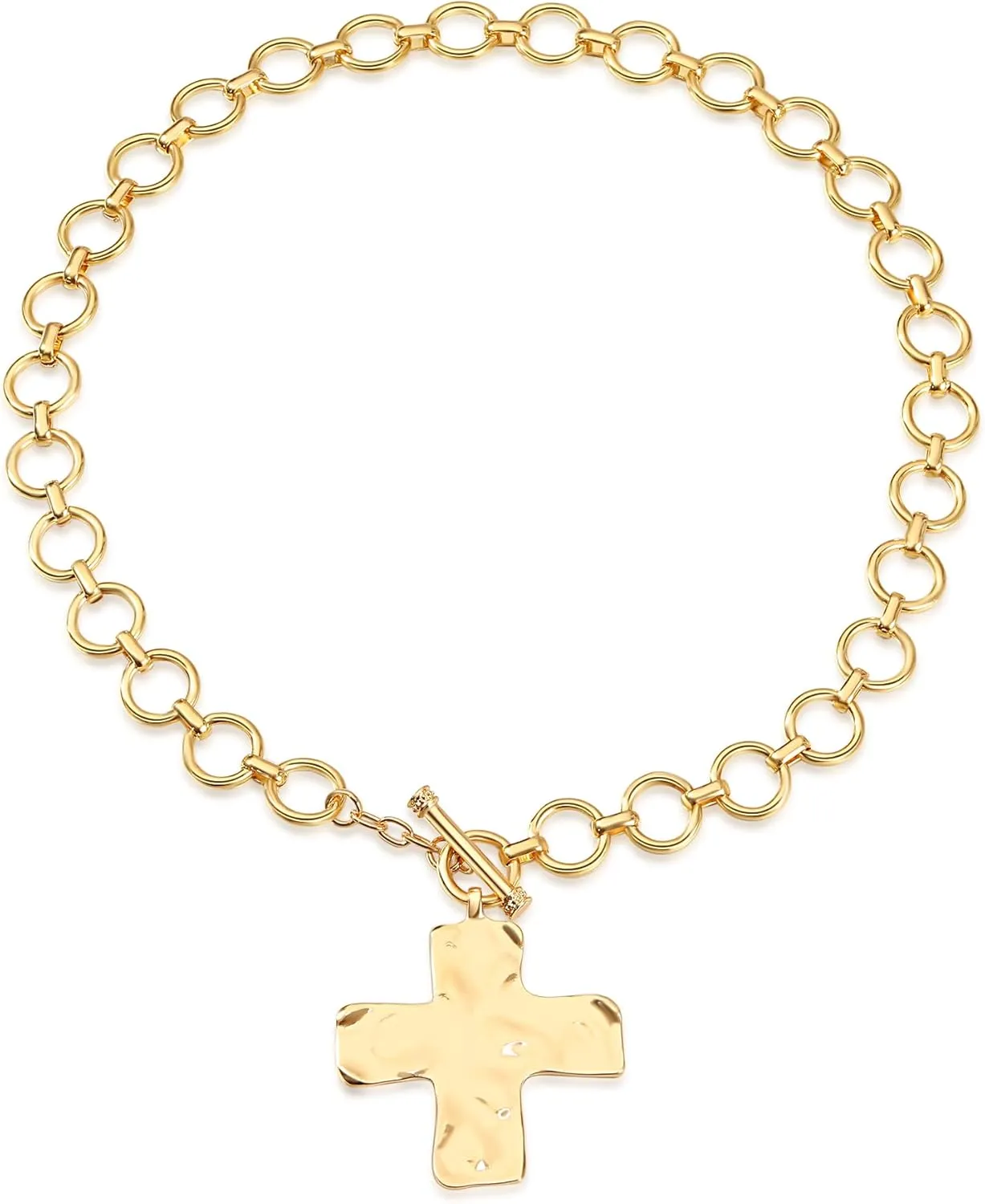 MQV Chunky Statement Gold Hammered Bold Cross Necklace Thick Chain Vintage Chain Pendant Jewelry