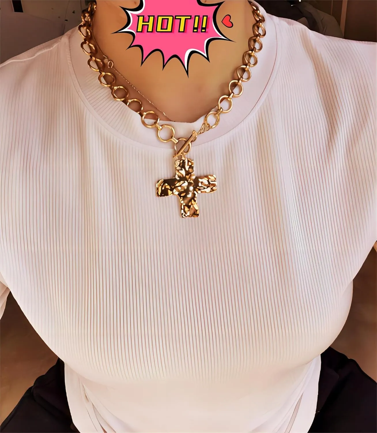 MQV Chunky Statement Gold Hammered Bold Cross Necklace Thick Chain Vintage Chain Pendant Jewelry