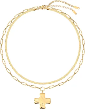 MQV Chunky Statement Gold Hammered Bold Cross Necklace Thick Chain Vintage Chain Pendant Jewelry
