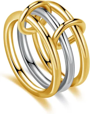 MQV Two Tone Link Connected Rings Interlocking Ring Gold Silver Cubic Zirconia Statement Ring Maximalist Stacking Ring for women men lovers